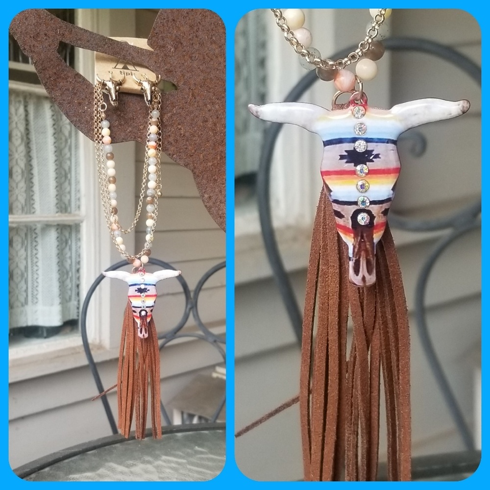 🌈LAST 1 boho SteerHead Fringe Necklace Earring - Picture 3 of 7